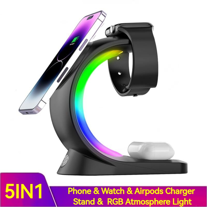 4-in-1 Magnetic Wireless Charger with Fast Charging & Atmosphere Light for iPhone, AirPods, & Apple Watch